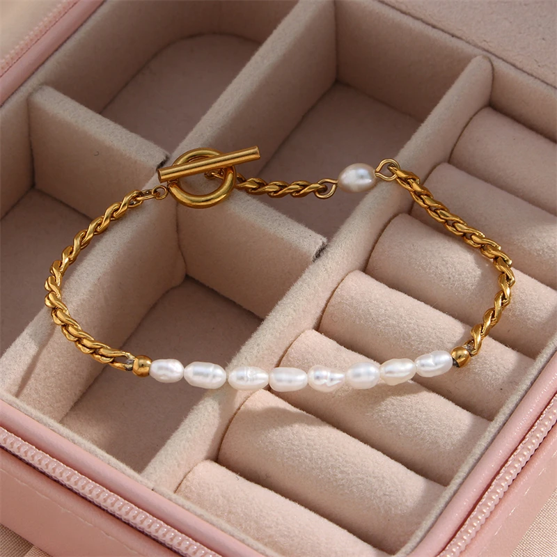 316L Stainless Steel New Fashion Fine Jewelry OT Shaped Buckle Asymmetric Irregular Shaped Pearl Charm Chain Bracelets For Women