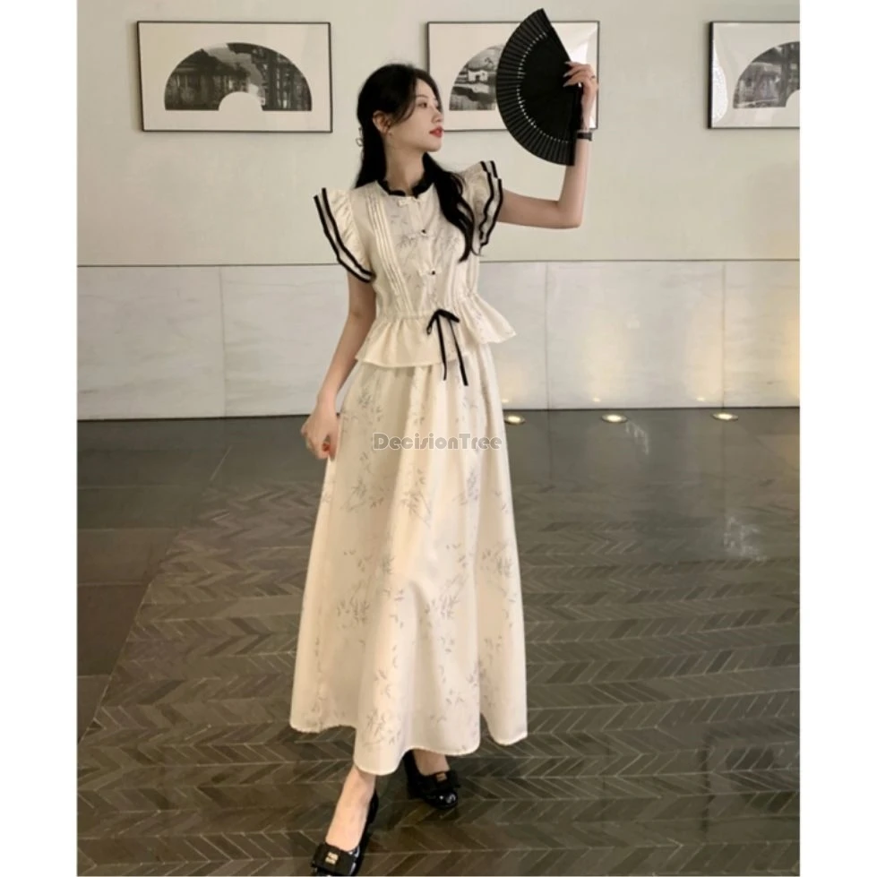 2024 sweet gentle temperament printing chinese clothing set college style patchwork element daily garment casual retro fairy set