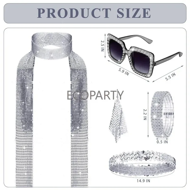 

70s Disco Women Costume Outfit and Accessories Shiny Head with Sunglasses Necklace Earrings Bracelet for Stage Performance Party