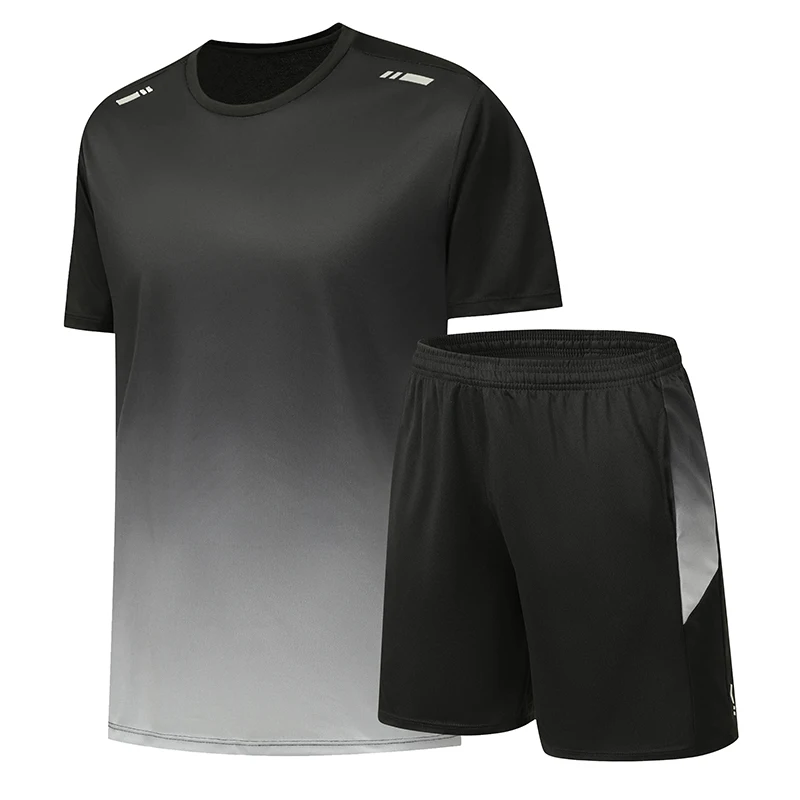 Summer Men 2Pcs Sports Outfit Gradient Short Sleeve T‑Shirt Elastic Waist Shorts Quick Dry Breathable Gym Workout Running Jogger
