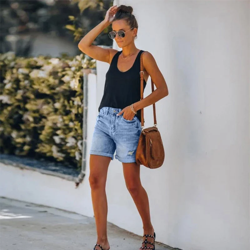 

Retro blue high-waisted straight leg pants for women summer do old washed jeans three cut pants wide leg pants