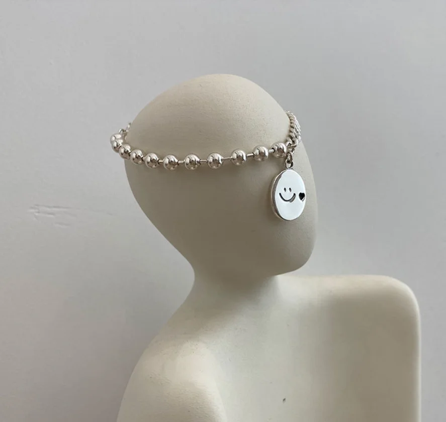 Simple Silver Plated Round Beads smiling face pendant retro elegant Bracelets for women Fashion Jewelry