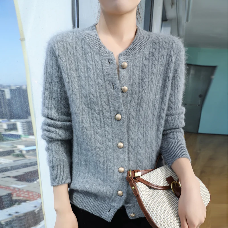 DjzDsm Autumn And Winter New 100% Pure Wool Cardigan Women Stand Collar Twist Button Bolid Color Sweater Coat Knit Top