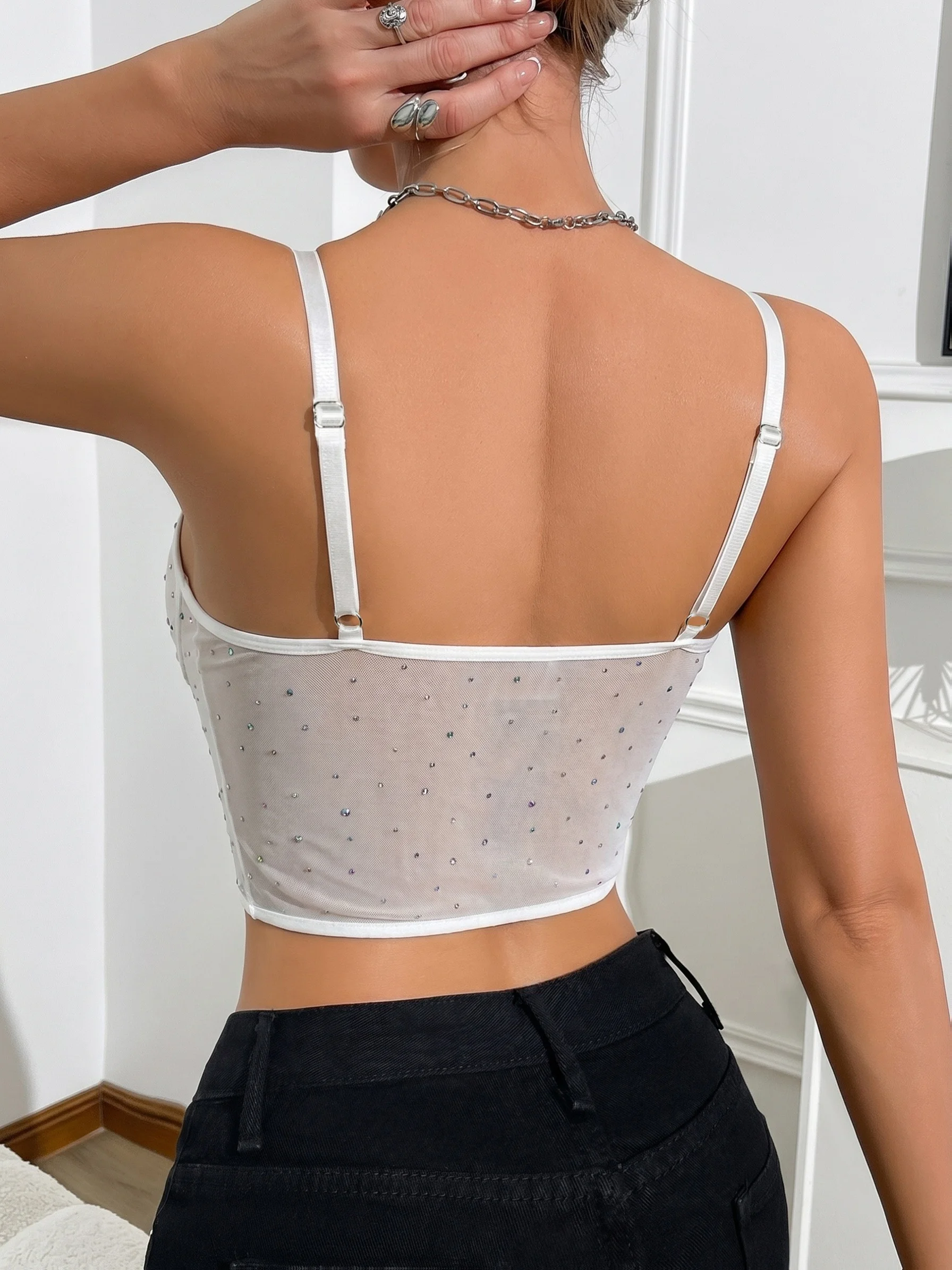 Cross Border Fashion Mesh Illuminated Patches from Europe and the United States Shimmer, Slim Fit, Sexy, High-end Camisole,