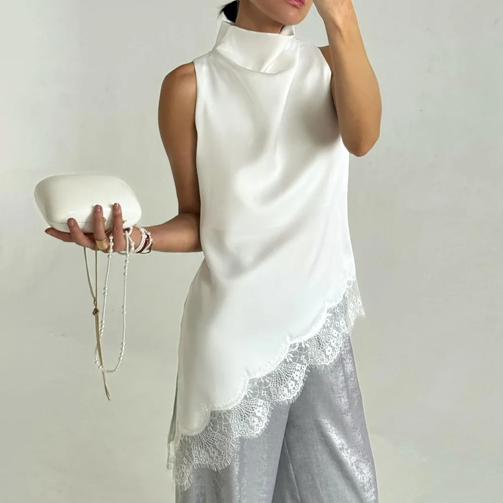 2026 Summer Women's Satin High Neck Vest Irregular Silhouette Delicate Lace Tanks Trim Sleeveless Top