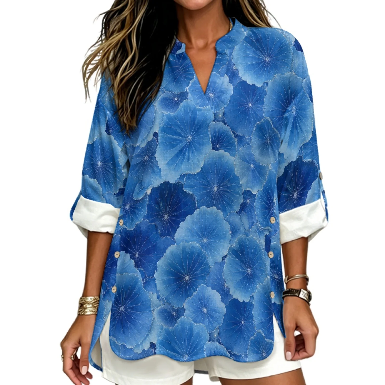 PENSTROLL Roll-Up Long Sleeve Linen Like Women's Long Sleeve Shirt 3/4 Sleeve Dressy Casual Blouses Blue Lotus Leaf Print