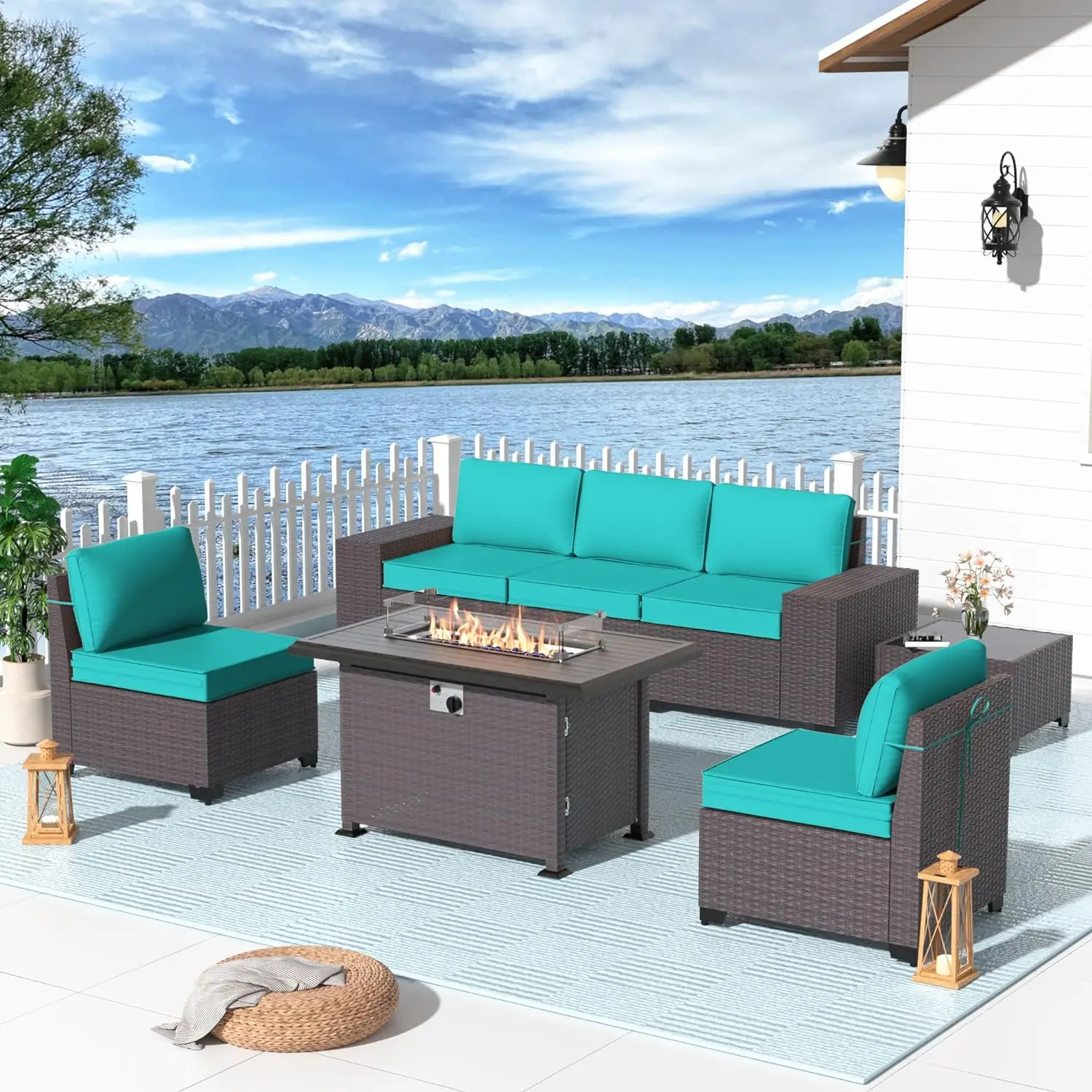 

7PCS Outdoor Set w/43in Gas Fire Pit,PE Rattan Wicker 7 Pcs Outdoor Sofa Set w/55000 BTU Propane Fire Pit Table