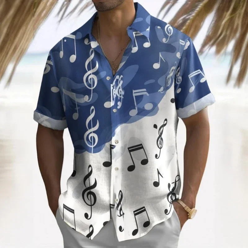 Camisas havaianas com estampa de símbolo musical 3d para homens, camisa de manga curta, verão, praia, casual, roupas masculinas, soltas, grandes dimensões, tops