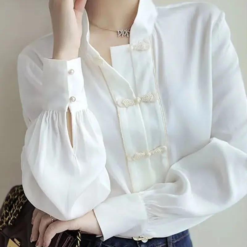 2024 New Vintage Solid Color Stylish Chinese Disc Buckle Blouse Spring Autumn Single-breasted Female Clothing Stand Collar Shirt