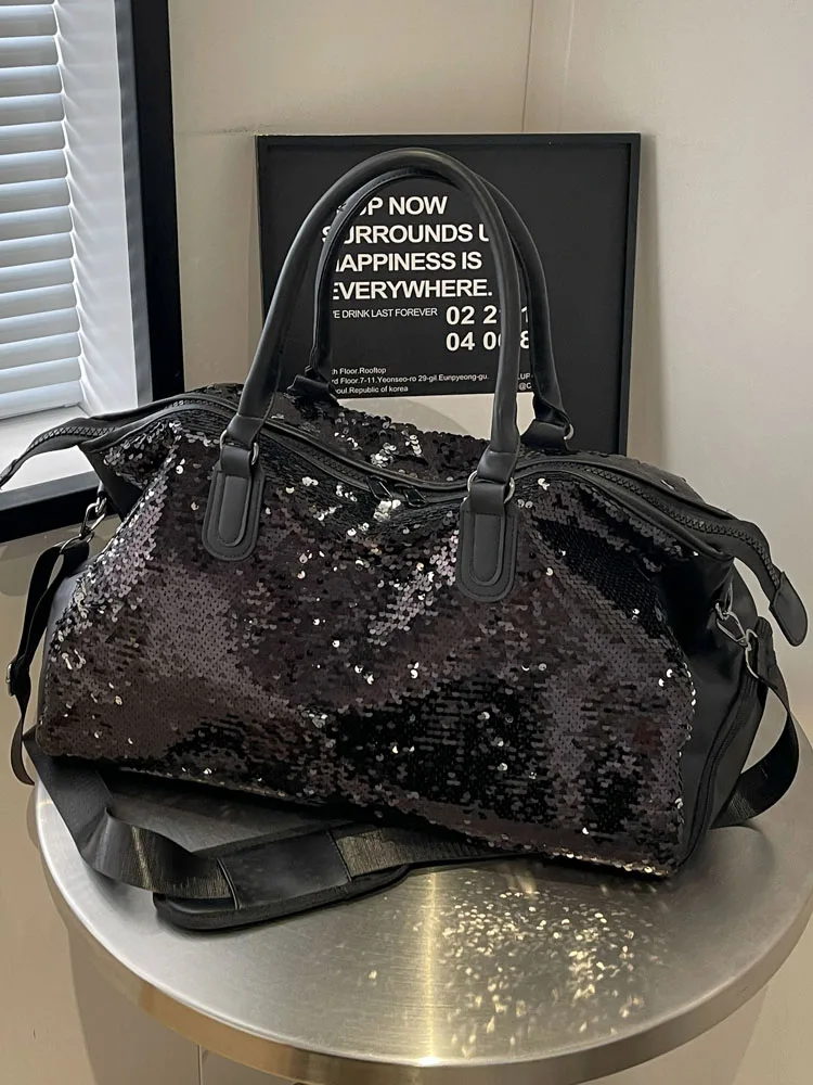 Fashionable Sequin Women's Tote Bag Large Capacity Short Trip Travel Bag Summer Versatile Crossbody Bag Soft Handle Commute S...