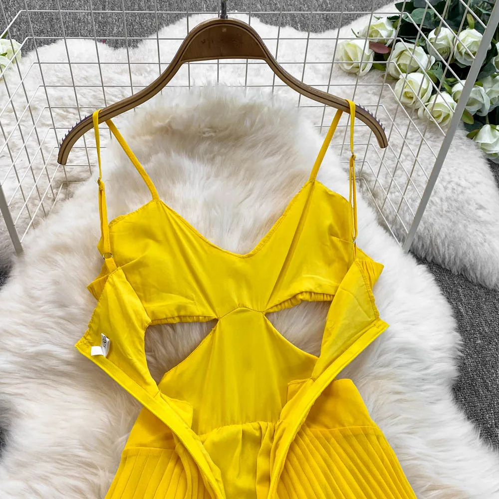 Vestido largo amarillo Tropical para vacaciones en la playa para mujer, vestido plisado de gasa con cintura hueca, vestido con vuelo fluido, vestidos bohemios para banquetes y cena