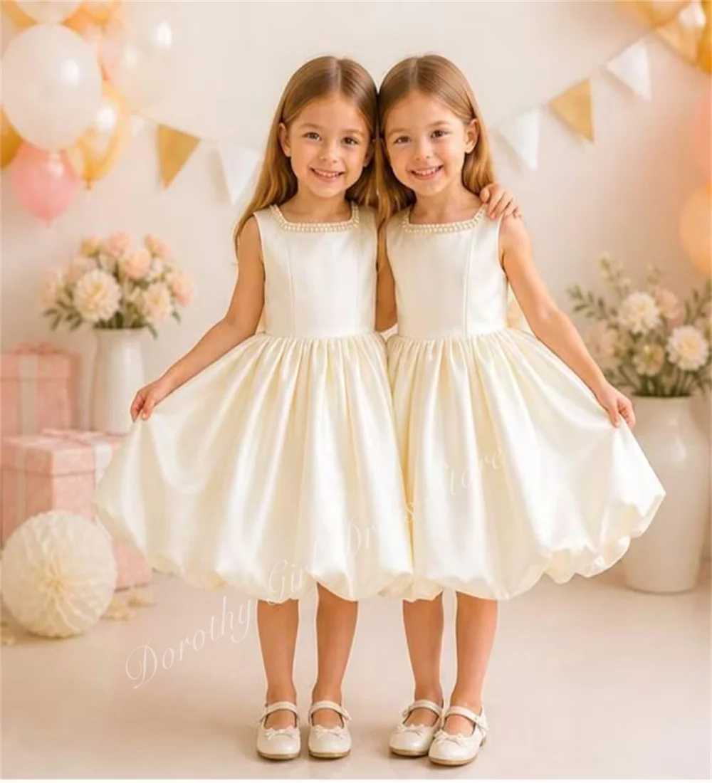 Luxury Girl Baby Dress Ivory Satin Fabric Pearl Collar Butterfly Bow Backless Ballet Children's Birthday Ball Dress