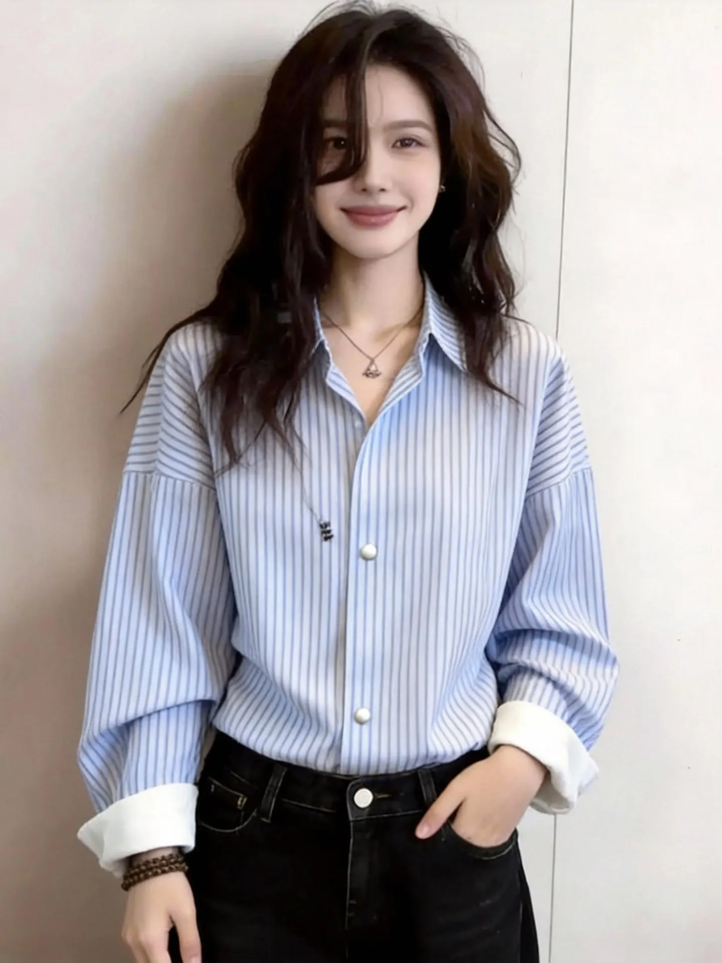 

Spring 2026 Faion Commute Sle Loose Fit Long Sve Blue Striped irt Women's Versatile Turn-down Collar Top Ele