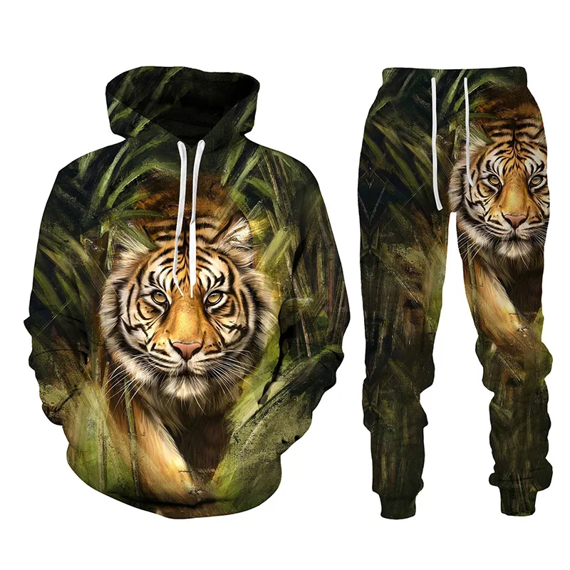 Jungle Tiger Head Print Hoodie 2 Pcs Outfits 3D Men/Women Hooded Sweatshirt Pant Sets Summer Autumn Outdoor Sport Pullover Suits