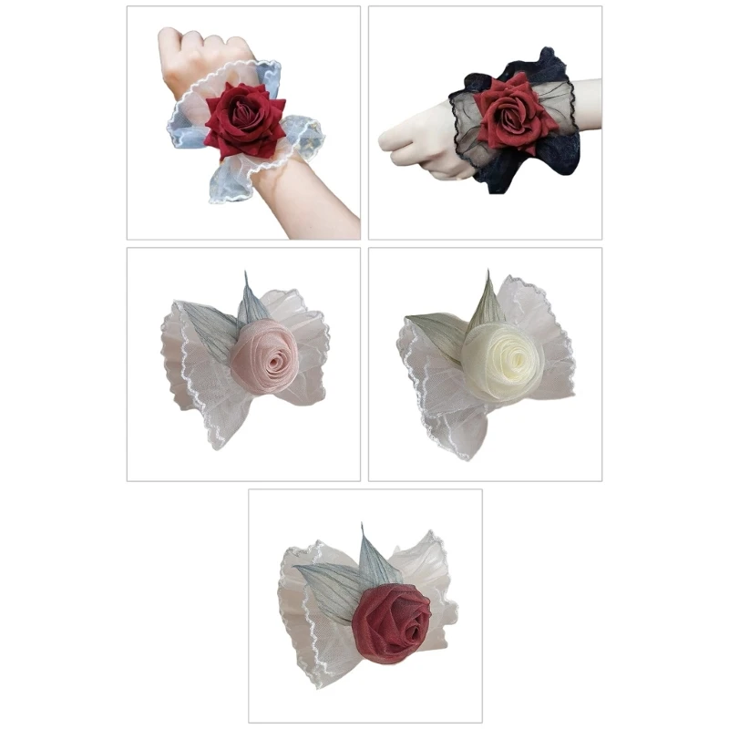 

F42F Rose Lace Wrist Cuffs Spring Shirt Blouses Dress Removable Sleeves Ruffled Wrist Cuffs for Women Girl Photography