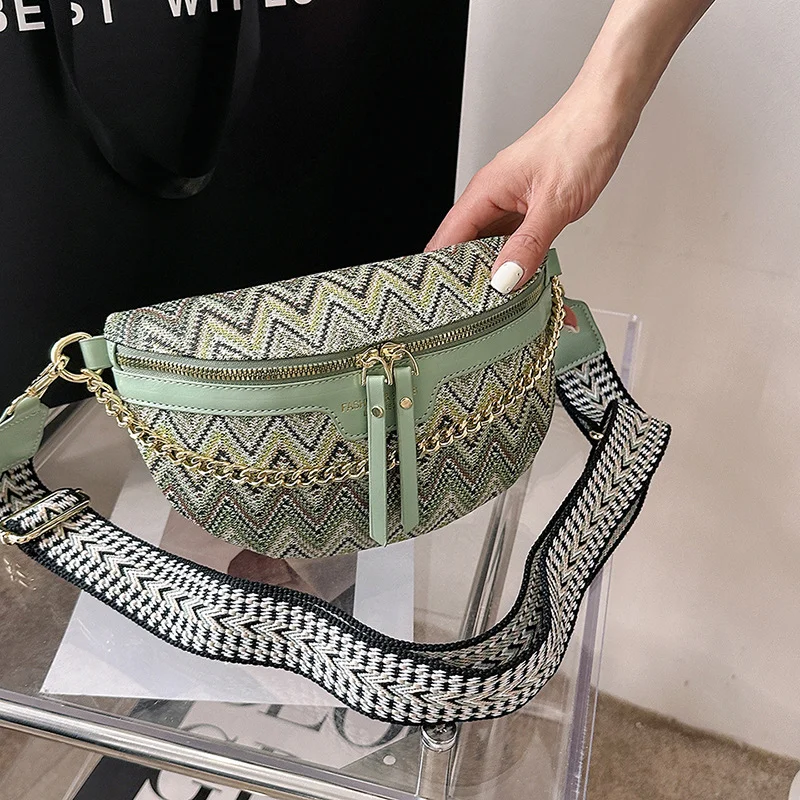 Luxury Wavy Pattern Chain Fanny Pack For Women Stylish Waist Pack Female Waist Bag Wide Strap Crossbody Chest Bag 2023 Trended