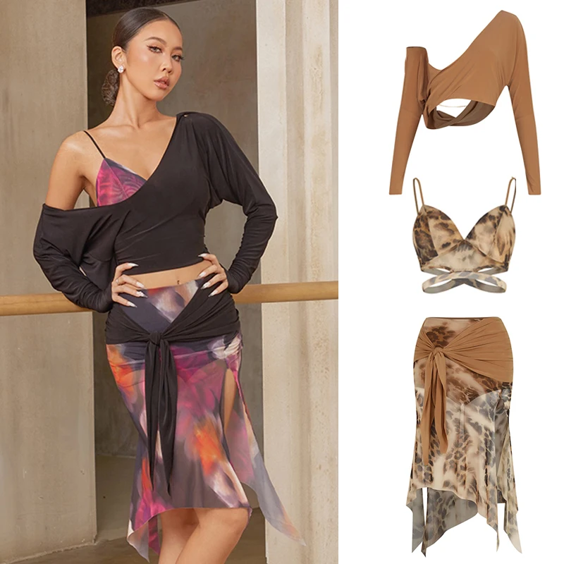 

ZYM Ladies Rumba Samba Latin Dance Clothes For Women Irregular Top Patterned Skirt Adults Chacha Latin Dance Costumes SL13664