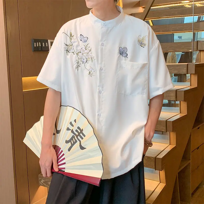 Chinese Style Short Sleeved Shirt Summer Thin Version Trendy Brand with Butterfly Embroidery Loose Ice Silk Casual Wear