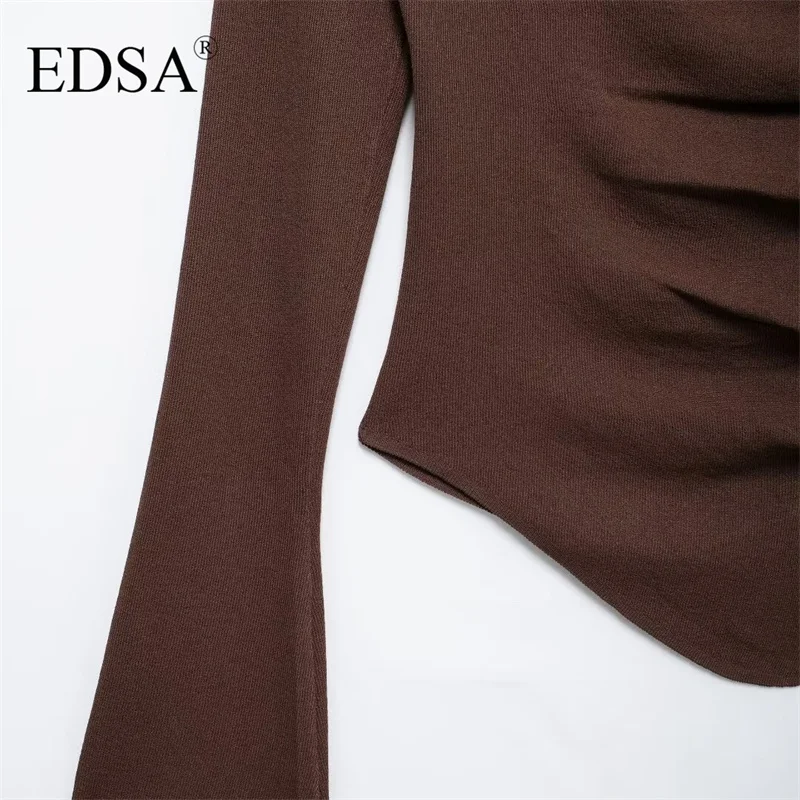 EDSA Women Asymmetrical Pleated Sweater Top Autumn Women\'s Long Sleeve Knitted Top Ladies Fashion Elegant Blue Brown Knitwear