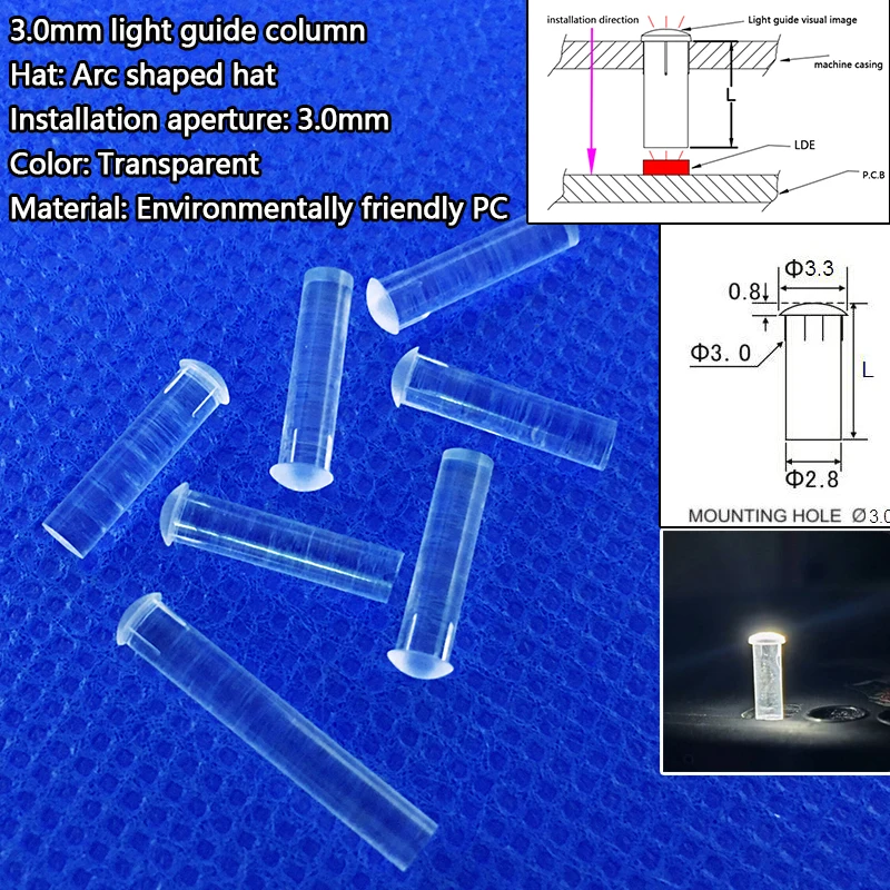 Cabeça redonda LED Light Guide Coluna, Transparente PC Light Guide, Adequado para 3.0mm de diâmetro, SMD, 3.0mm de diâmetro