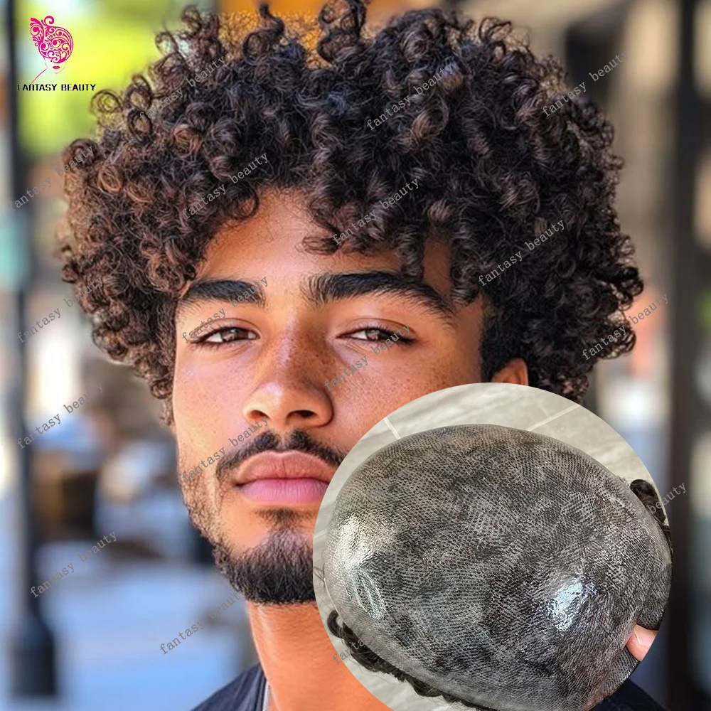 Super Durable 15mm Curly Grey Black 1b20 1B40 1B50 Men's Human Hair Wig Replacement Natural Hairline 0.1mm Injection PU Hairpiec