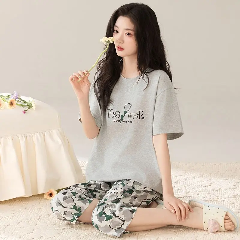 

Летний пижамный комплект 2026 года с коротким рукавом, длиной до колена, из 100% хлопка, с принтом, для женщин, в корейском стиле, милый, для сна и дома