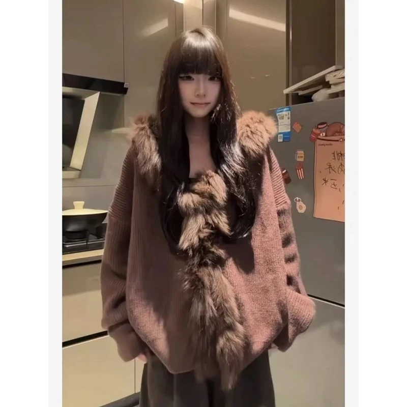

2025 новый дизайн, толстовка с большим меховым воротником, женская осенне-зимняя свободная вязаная верхняя одежда, модный повседневный длинный све
