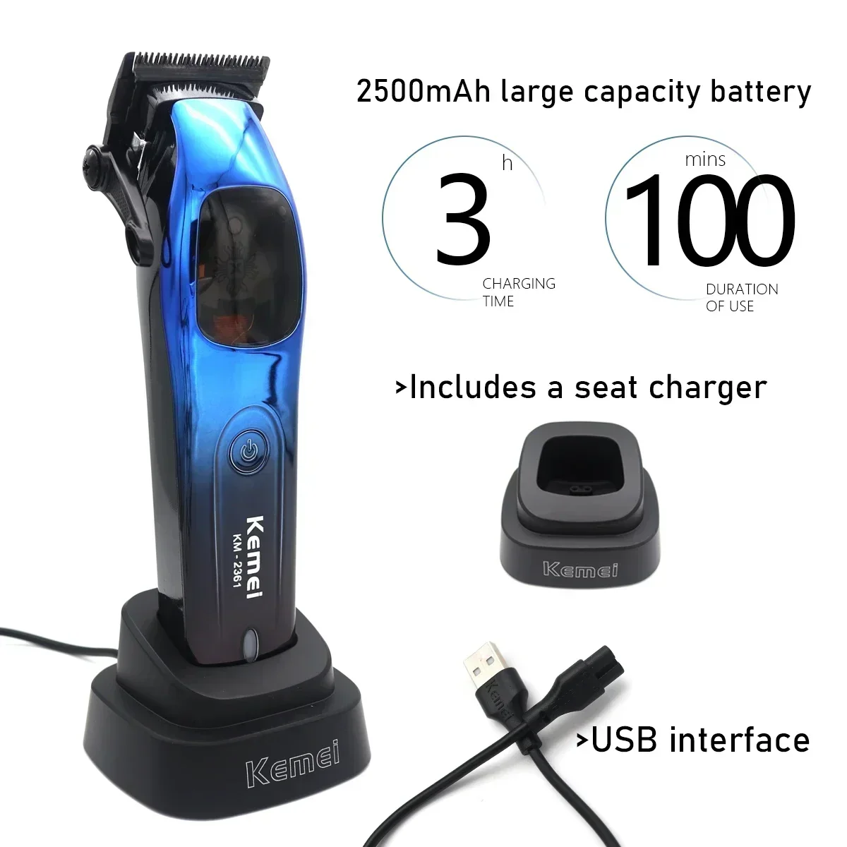 Kemei-Profissional Sem Fio Aparador De Cabelo Elétrico, Alta Velocidade, Motor Magnético, Barbeiro Cabelo Clippers, Máquina De Corte De Cabelo, 10000RPM