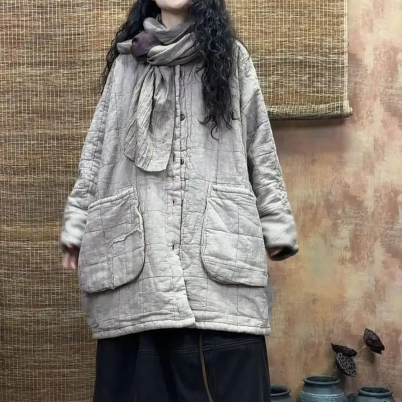 Autumn Winter Arts Style Women Batwing Sleeve Casual Vintage Long Coat Thicken Big Pocket Cotton-padded Jacket High Quality