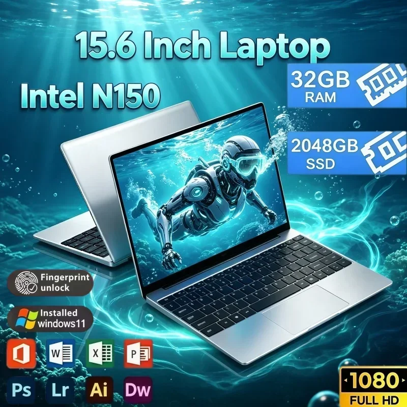 2026 New Release 15.6 Inch Portable Laptop Intel N150 Windows 11 32GB RAM 2TB SSD Large Space Notebook For Daily Travel Use