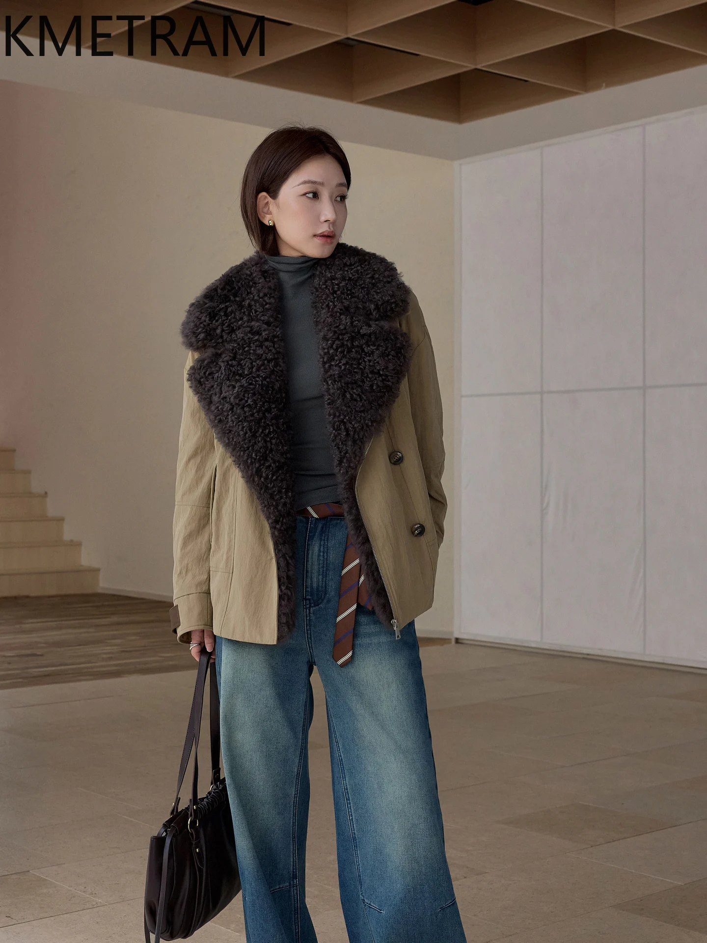 KMETRAM chaqueta de plumas de ganso blanco mujer piel de oveja con lana cuello adjunto abrigos de invierno ropa de mujer chaquetas acolchadas 2025 шуба