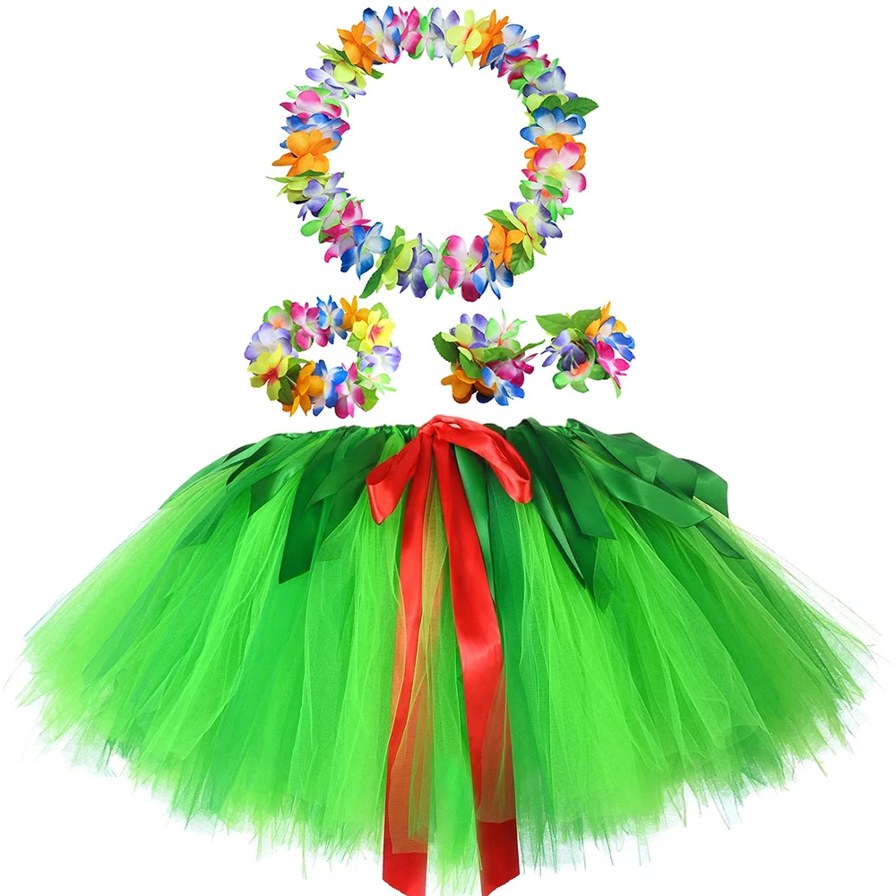 Green Flowers Hawaii Tutu Skirt Outfit for Girls Hula Party Dress Up Costumes for Kids Luau Ballet Princess Tutus with Garland