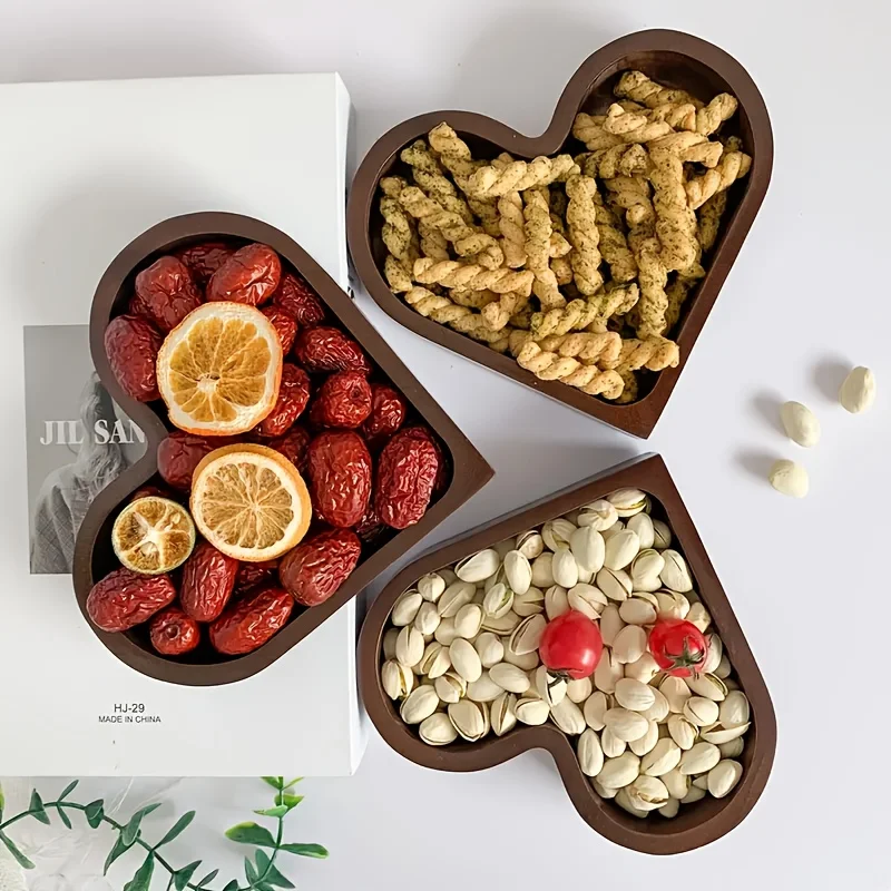 Heart Shaped Wooden Serving Plate Stackable Bone Plate Desktop Decoration Tableware for Nuts Dried Fruits Candy Tray