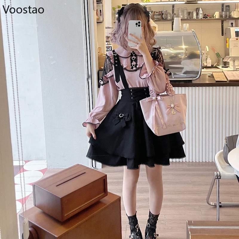 Kawaii Lolita Style Skirt Set Y2k Japanese Women Sweet Lace Ruffles Long Sleeve Blouses Short Suspender Skirt Suit Korean Sets