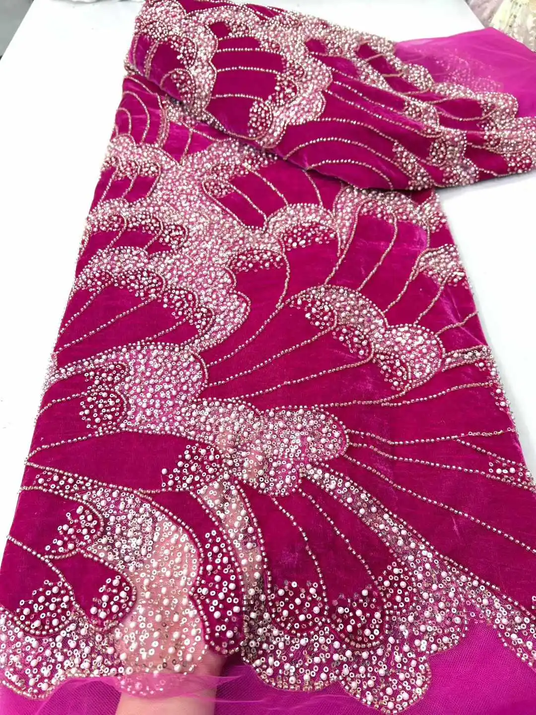 

2025 Luxury African Lace Fabric 5 Yards Velvet Lace Beaded Tulle Lace Fabric Embroidered Nigerian Fabric for Wedding Dress Sew