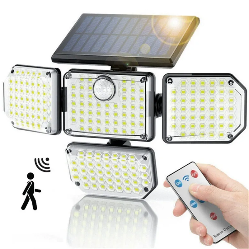 Solar Lights Outdoor 182/141 LED Wall Lamp with Adjustable 4 Heads Security Flood Light Remote Control Lighting IP65 Waterproof