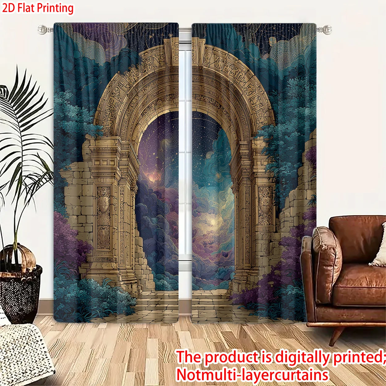 Fantasy Ancient Ruins Curtains  Printed Golden Archway Starry Sky Drapes for Living Room Bedroom Window Treatment Home Decor
