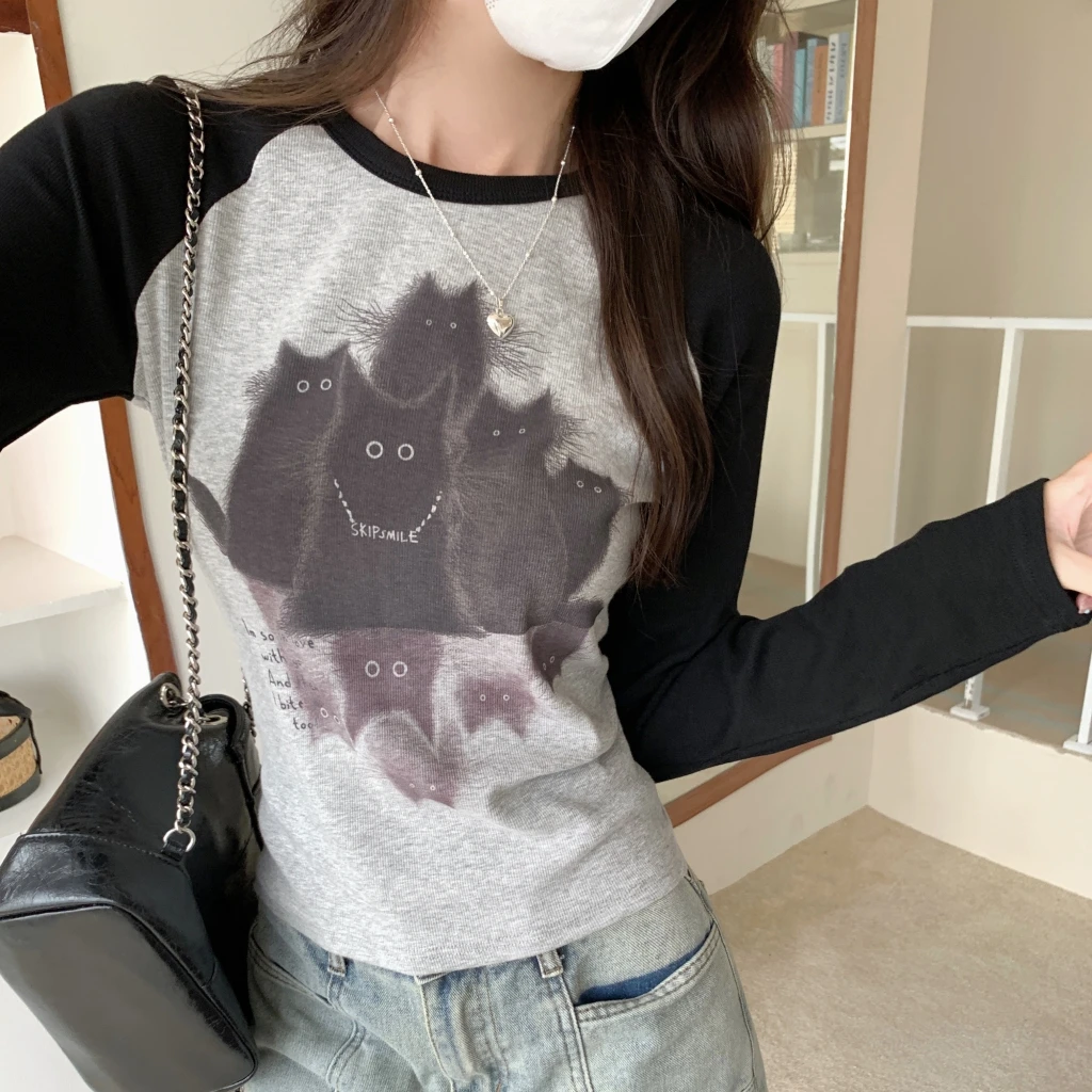 Women pure cotton Long Sleeve T Shirt Spring Autumn cartoon print Slim Casual t-shirts Female Pullovers Y2k Streetwear gray Tops