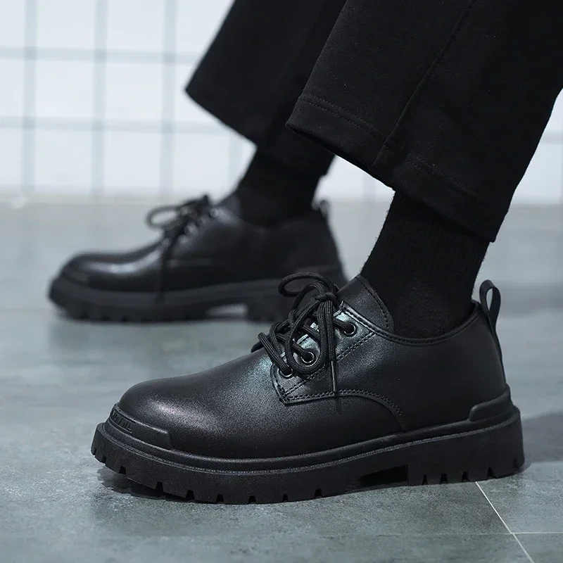 

All Black Men Leather Casual Shoes Increase Pure Black Sneakers Fashion Breathable Sneakers Heightening Shoe Motosikletler