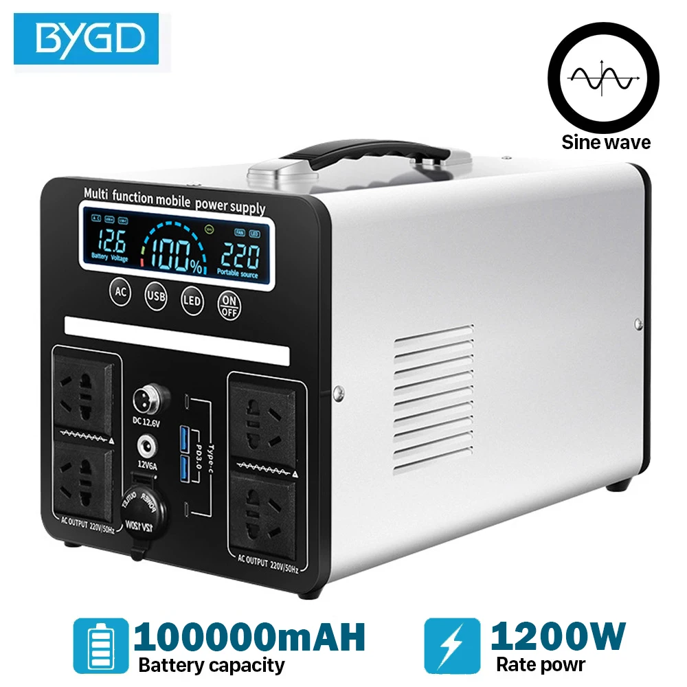 BYGD Solar Generators 1200W Portable Power Station  220V Lithium Power Bank 100000Mah Outdoor Camping Portable Power Supply