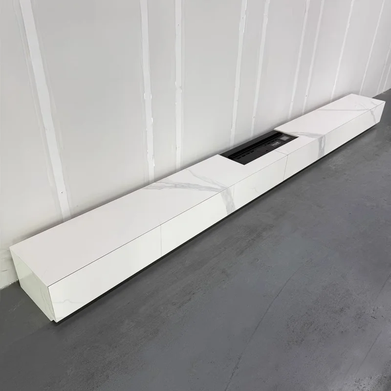 خزانة تلفزيون جديدة من بلاطة الصخور لعام 2025، خزانة أرضية من الذهب الأسود، منصة بولغاري سوداء بسيطة، تخصيص زاوية بيجونيا