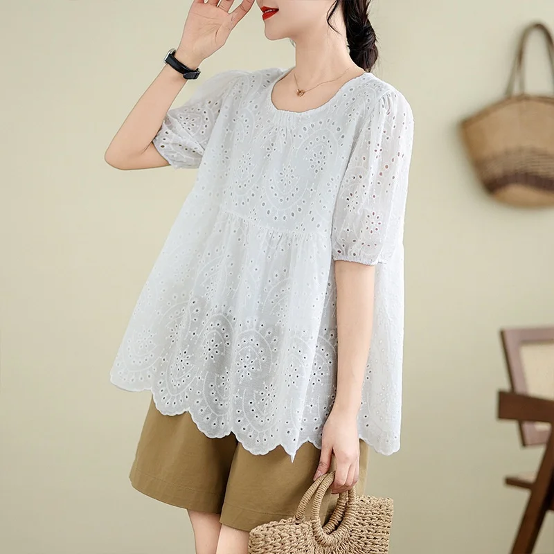 NewSummer White Short Sleeve Lace Blouse for Women Embroidery Hollow Out Shirt Puff Sleeve Tops Round Collar Clothes