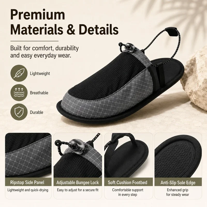 Portable Foldable Travel Slippers Unisex Anti Slip Quick Dry Aqua Shoes Adjustable Strap Outdoor Camping Beach Hiking Sandals