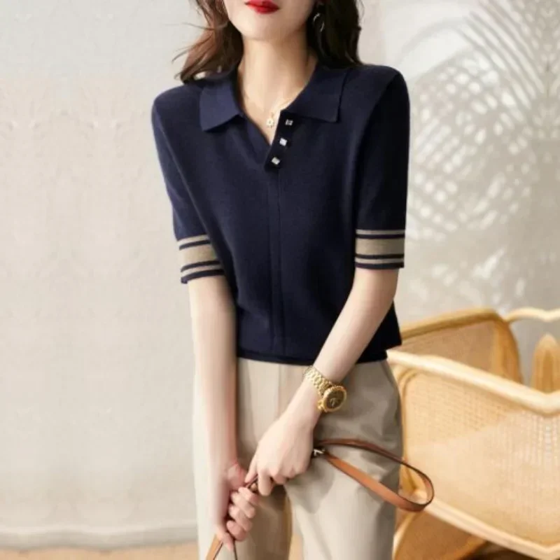 Knit Women's T Shirts Striped Button Polo Neck Shirt Top Short Sleeve Tee Clothes with Collar Synthetic New Polyester V Trend