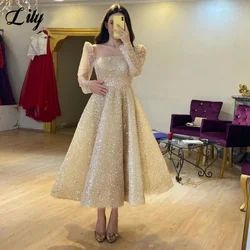 Lily Glitter Elegant Prom Dresses Sequins Backless Arabic Prom Gown Long Sleeves Ankle-Length Formal Gown for Woman Customized