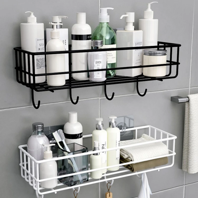 Black Wall Mounted Bathroom Shelf Shower Shampoo Rack Perforation-Free Kitchen Condiment Storage Basket Space-Saving