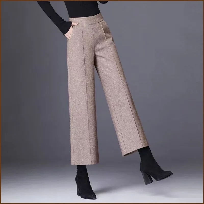 Women Elastic High Waist Wide Leg Pants Front Stitch Design Thick Warm Loose Casual Straight Long Trousers