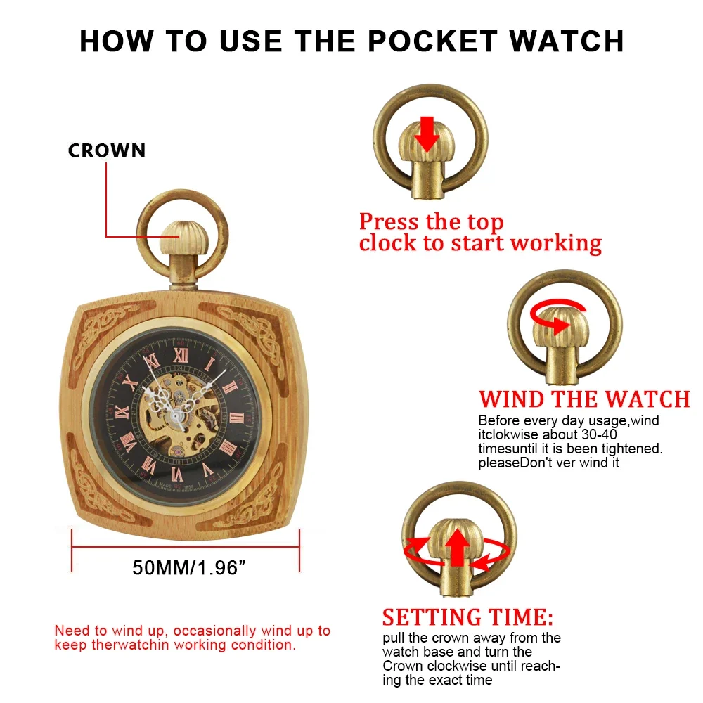 ساعة جيب هيكل عظمي ميكانيكية خشبية أرقام رومانية ساعات جيب خشبية مستطيلة مع سلسلة للرجال