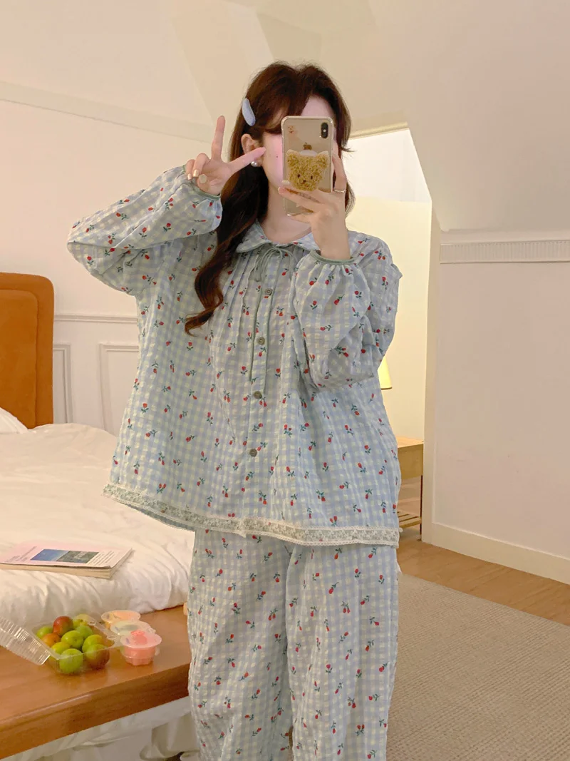 Cherry Print Dot Autumn Pajamas Set Women Peter Pan Collar Shirt + Trousers Casual Cotton Sweet Two Piece Home Suit Kawaii Korea