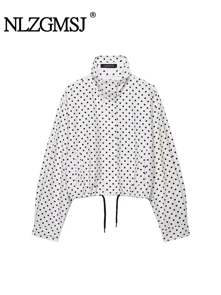 NLZGMSJ Women's Polka Dots Short Jacket Women's Stand Collar Zipper Top Short Set Female Casual Loose Coat